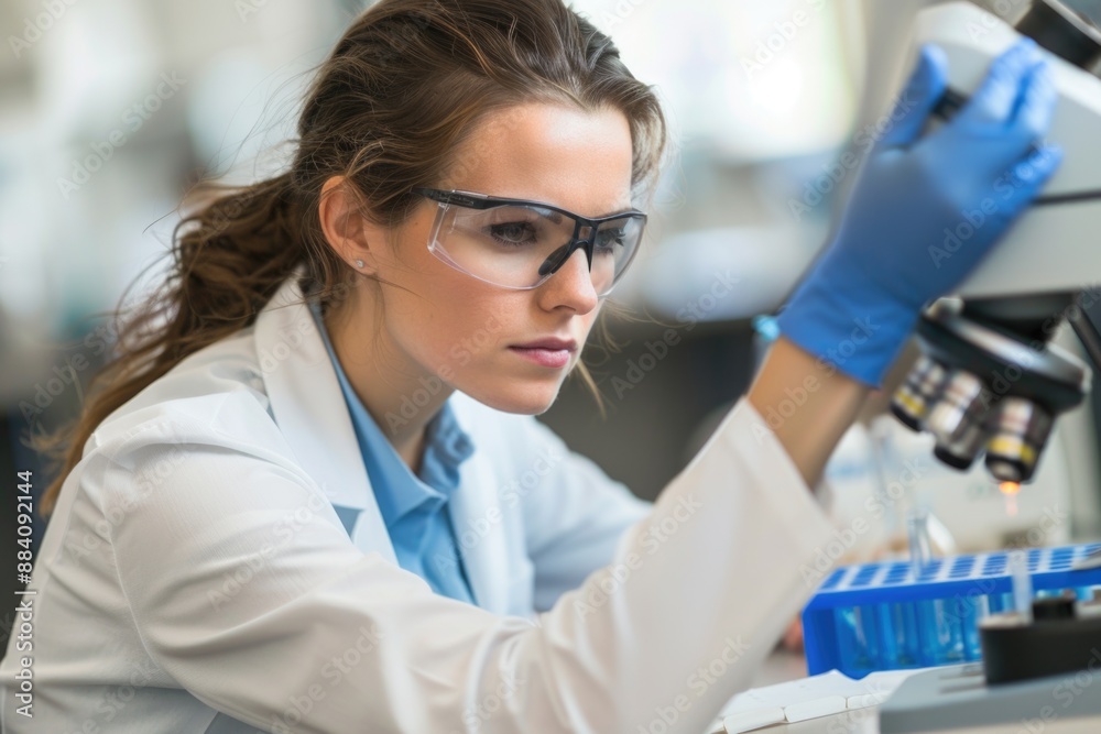 A woman in a lab coat and protective eyewear carefully adjusts a microscope A woman in a lab coat and protective eyewear carefully adjusts a microscope
