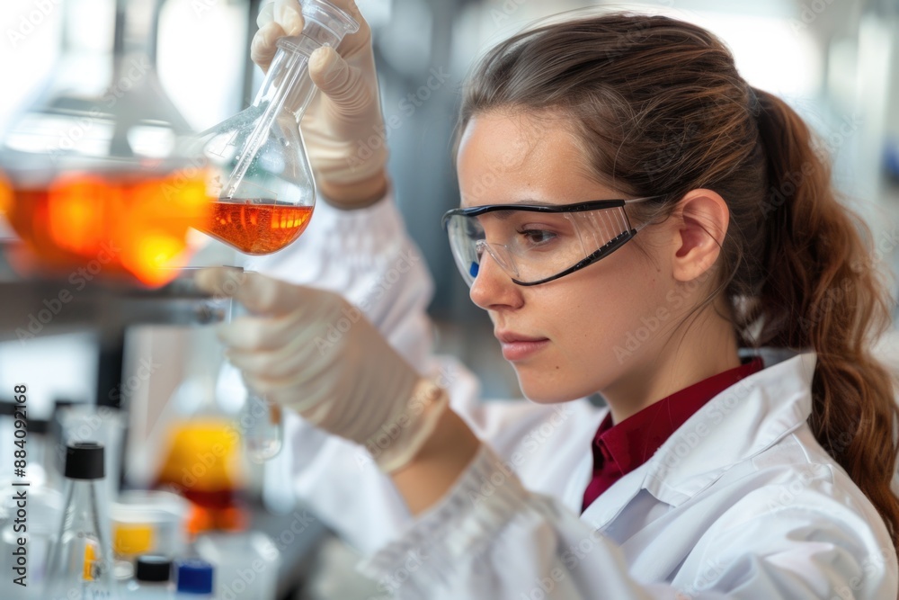 A young scientist in a lab coat carefully pours a liquid from a flask, her eyes fixed on the experiment in front of her A young scientist in a lab coat carefully pours a liquid from a flask, her eyes fixed on the experiment in front of her