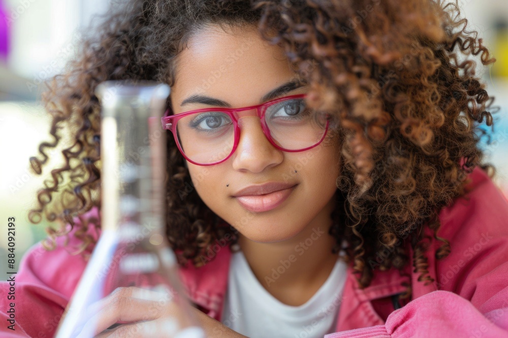 A young woman, with curly hair and red glasses, gazes intently at a beaker in a laboratory setting A young woman, with curly hair and red glasses, gazes intently at a beaker in a laboratory setting