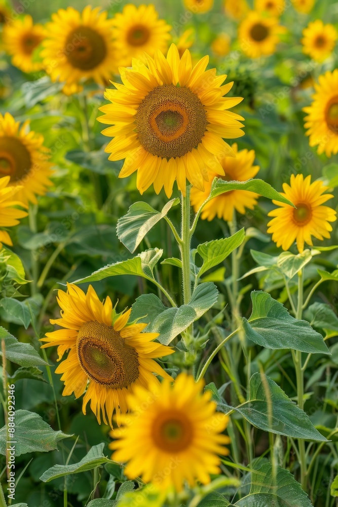 Obraz premium A field of sunflowers in full bloom, their bright yellow petals contrasting against lush green