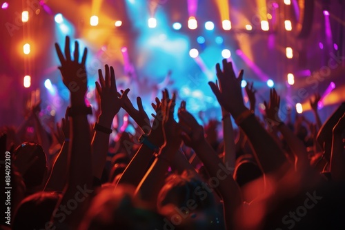 crowd of people on the concert or music fectival with their hands raised cheering their favorite music band