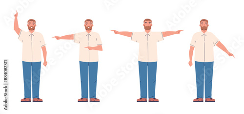 Man pointing direction. Businessman finger arm gesture showing index way path, standing male office person manager point expression pose vector illustration