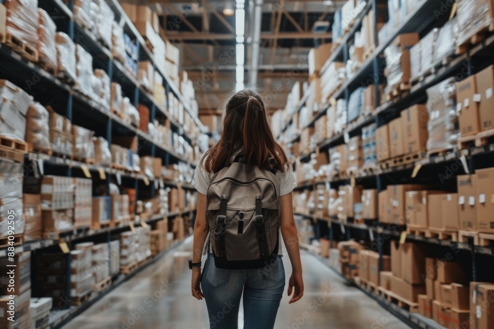 A young woman walks down an aisle in a warehouse, surrounded by rows of stacked cardboard boxes A young woman walks down an aisle in a warehouse, surrounded by rows of stacked cardboard boxes