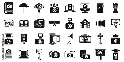 Photography courses icons set. Photography icons set illustrating photography skills, professional equipment, education and career path