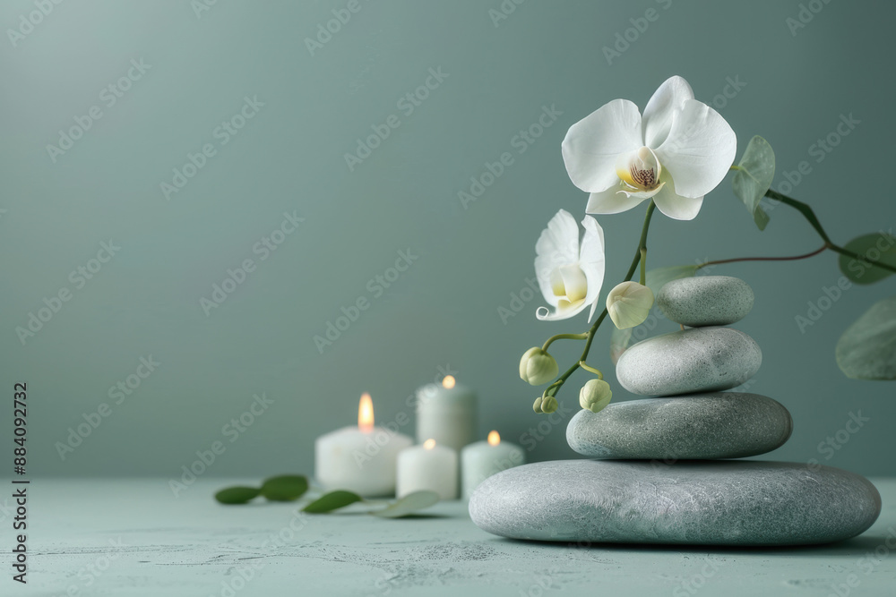 Elegant white orchid flowers and stacked smooth stones with lit candles, creating a serene and calming spa atmosphere on a soft green background. Elegant white orchid flowers and stacked smooth stones with lit candles, creating a serene and calming spa atmosphere on a soft green background.