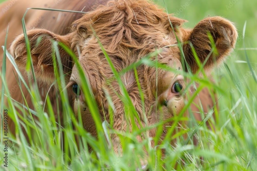 curious bull peeking from the corner on a green grass meadow curious bull peeking from the corner on a green grass meadow
