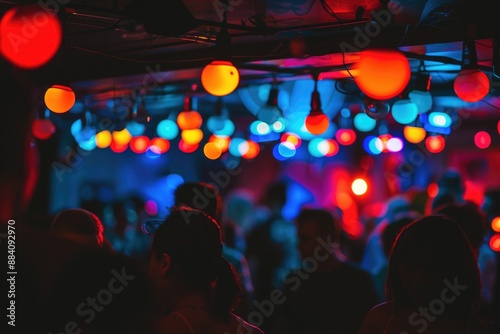 Wallpaper Mural A crowd of people dance and socialize at a nightclub, illuminated by colorful lights hanging from the ceiling Torontodigital.ca