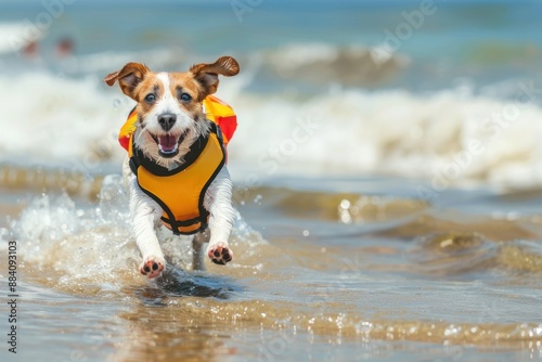 cute dog run dynamic with life vest and floatation device on the beach