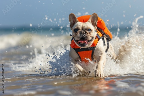 cute dog run dynamic with life vest and floatation device on the beach