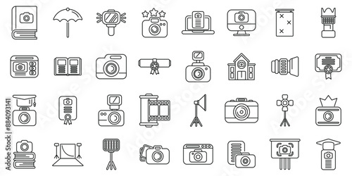 Photography courses icons set. Set of line icons representing different equipment and concepts related to photography and photographers working