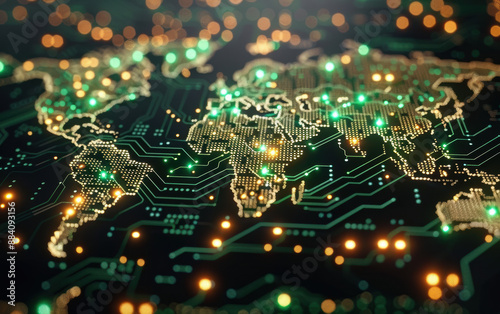 Abstract glowing digital world map with circuitry lines representing global technology, connectivity, and data network advancements in a futuristic style.