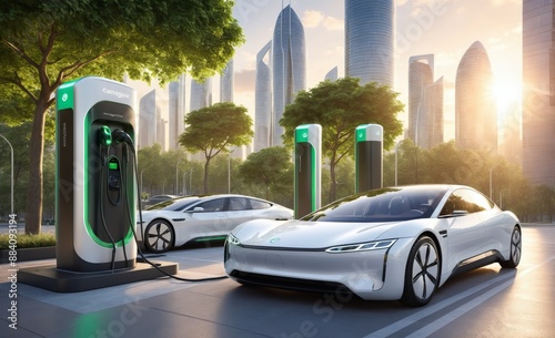 Electric Cars Charging in Green Futuristic City