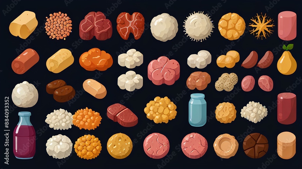 Set of protein food icons. Vector illustration in flat design style. Set of protein food icons. Vector illustration in flat design style.
