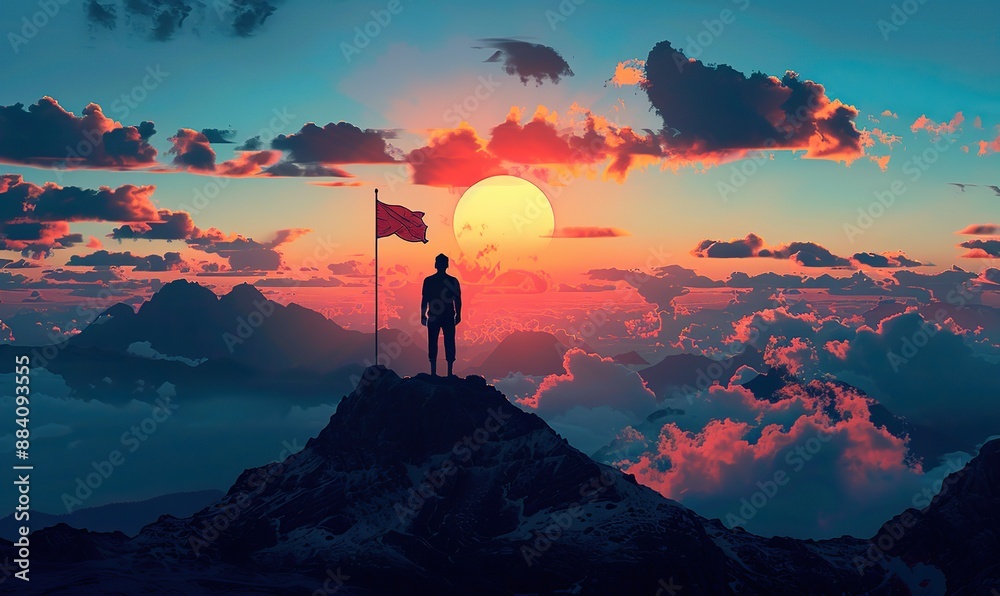 Business success concept: A businessman stands atop a mountain, symbolizing achievement and triumph. Business success concept: A businessman stands atop a mountain, symbolizing achievement and triumph.