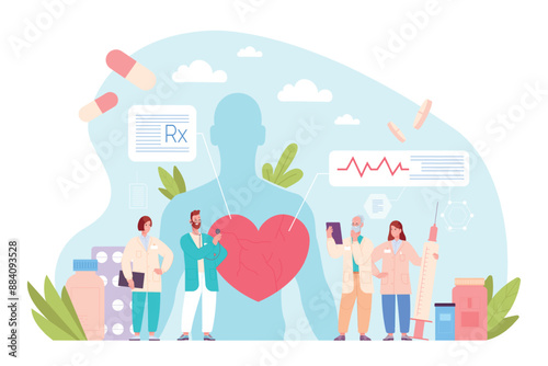 Research illness heart. Cardiologist doctor check heartbeat, hearts illness organ disease treatment patient therapy examination diagnosis cardiology concept vector illustration