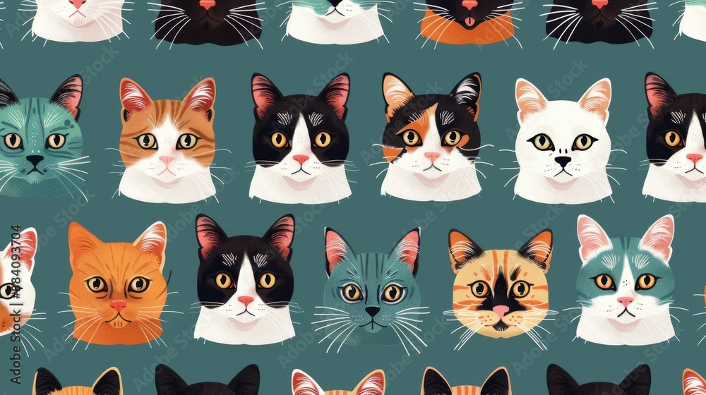 Seamless pattern of various colorful cat faces on a dark background Seamless pattern of various colorful cat faces on a dark background