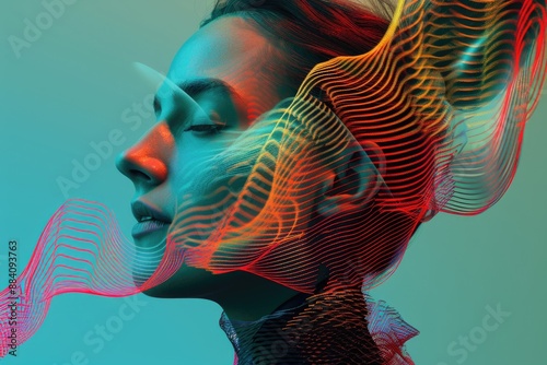 A woman's face is illuminated by a vibrant, flowing network of lines in red, orange, and yellow against a teal background