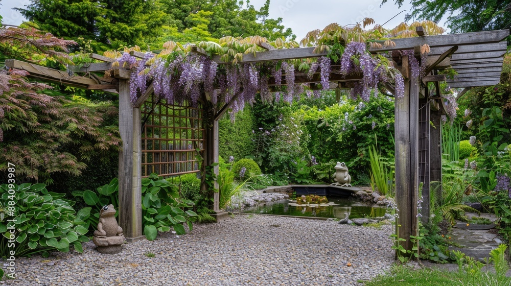 A charming garden with a wooden arbor covered in wisteria, a gravel path, and a small pond with a stone frog statue. A charming garden with a wooden arbor covered in wisteria, a gravel path, and a small pond with a stone frog statue.