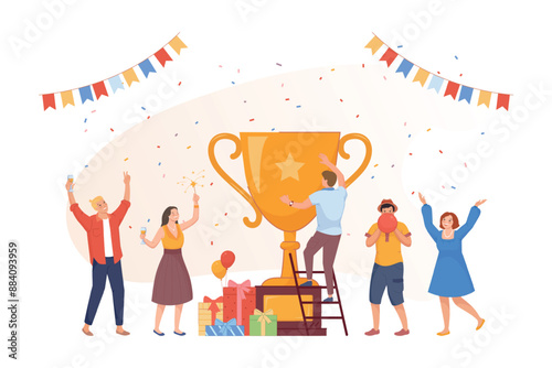 Team incentives award. Success teamwork achievement, business incentive corporate competition winner trophy office colleague motivation victory ceremony vector illustration