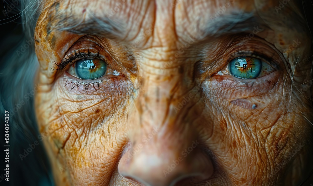 Wrinkled or cracked skin on a damaged old woman's face is shown in close-up.