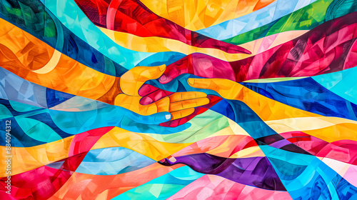 Colorful hands joining together showing concept of teamwork
