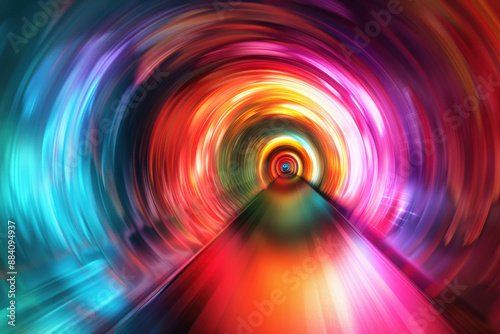 Abstract tunnel with vibrant colors and swirling lights creating a futuristic and kaleidoscopic effect, perfect for digital artwork and modern design.