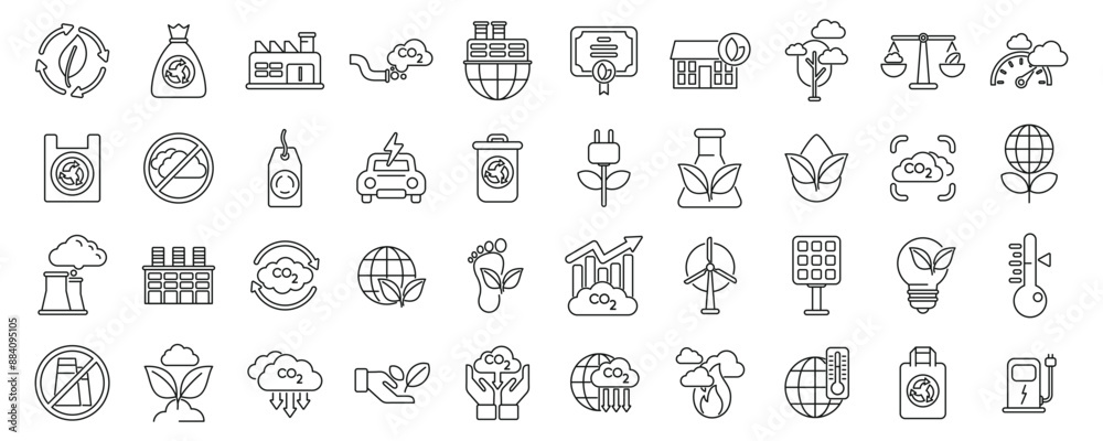 Carbon management icons set. Line icons representing various aspects of eco friendly practices, including renewable energy sources, recycling initiatives, and environmental protection measures Carbon management icons set. Line icons representing various aspects of eco friendly practices, including renewable energy sources, recycling initiatives, and environmental protection measures