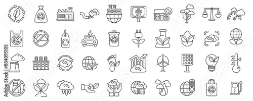 Carbon management icons set. Line icons representing various aspects of eco friendly practices, including renewable energy sources, recycling initiatives, and environmental protection measures