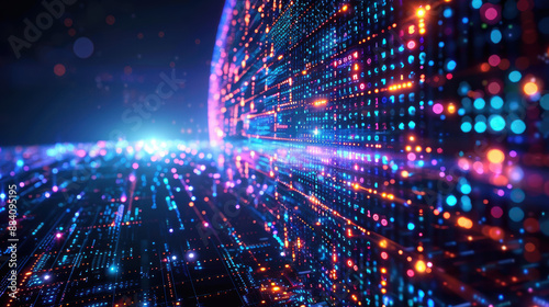 Vibrant digital abstract data grid with bright neon light dots, futuristic technology concept with glowing matrix in cyberspace.