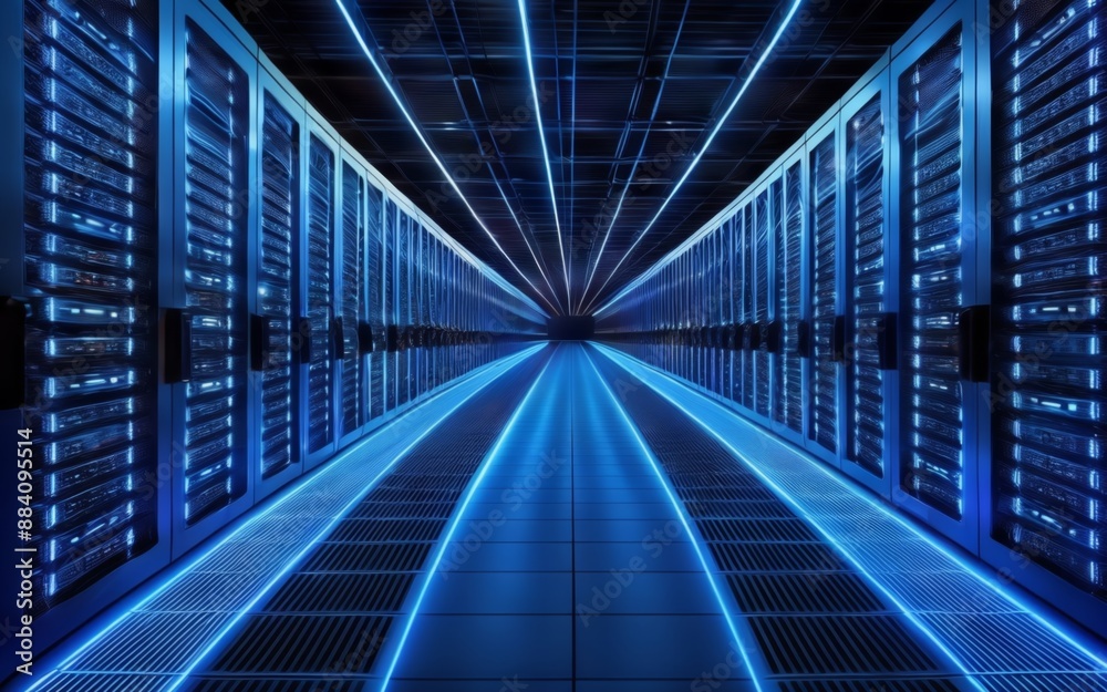 Obraz premium Futuristic Data Center with Blue Neon Lights