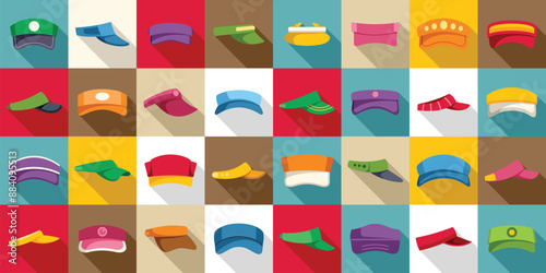 Visor cap icons set. Large set of various hats showing professions and styles for men and women, isolated on colored background