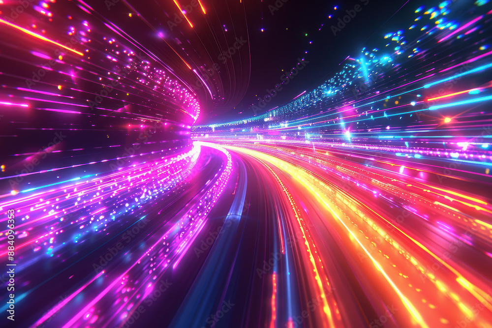 A dynamic, futuristic light trail with vibrant neon colors representing speed, motion, and modern technology.