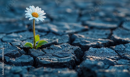 Despite all odds, a daisy flower flourishes through a crack in the asphalt, symbolizing the concept of prevailing against adversity.