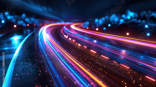 A vibrant, futuristic highway with colorful light trails, creating a dynamic and energetic atmosphere. Perfect for technology and speed concepts.