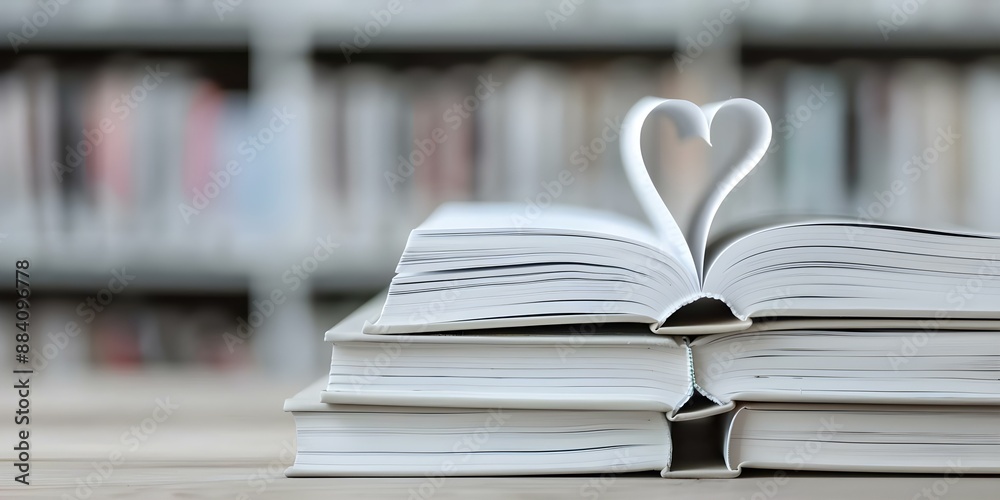 Heartshaped book page in stack of textbooks on library study desk. Concept Education, Book Photography, Library, Heart Shape, Studying Heartshaped book page in stack of textbooks on library study desk. Concept Education, Book Photography, Library, Heart Shape, Studying