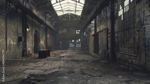 An abandoned warehouse with dilapidated empty space and crumbling structures. This scene gives off a feeling of neglect and abandonment. and fading colors that highlight the building's deterioration.