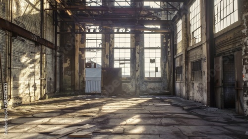 An abandoned warehouse with dilapidated empty space and crumbling structures. This scene gives off a feeling of neglect and abandonment. and fading colors that highlight the building's deterioration. © Saowanee