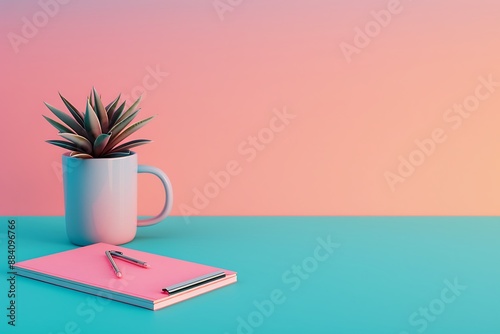 IT certification courses material on a desk in a minimalist style, captured from a bird's eye view with a centered composition and a bokeh effect, illuminated by soft light, featuring a pastel color