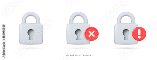 3D Silver padlock with red cross and exclamation mark. Login error. Incorrect password. Access denied. Personal data protection. Cartoon design icon set. 3D Vector illustration