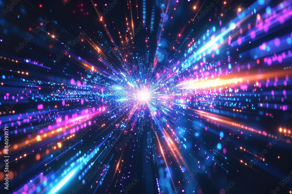 Vibrant burst of multicolored glowing lines and particles, abstract digital explosion effect with bright light and dynamic energy, futuristic background. Vibrant burst of multicolored glowing lines and particles, abstract digital explosion effect with bright light and dynamic energy, futuristic background.