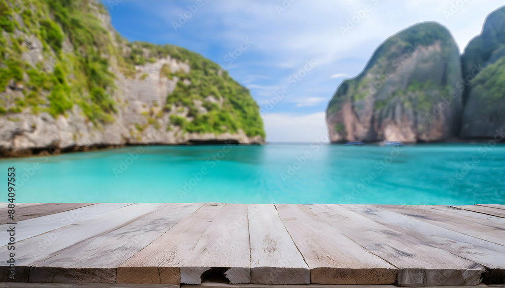 Fototapeta premium Tropical Paradise Clear Blue Waters and Limestone for product presentation.
