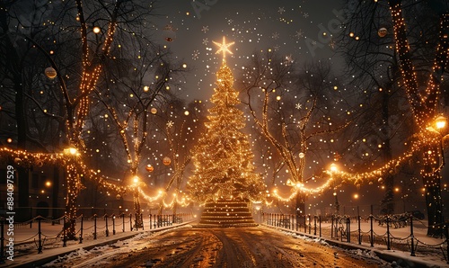 At night, a decorated Christmas tree stands outdoors. photo