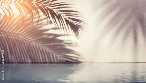 Tropical summer background with plaster wall, pool water and palm shadow for product on digital art concept, Generative AI.