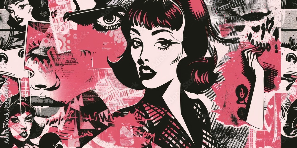Fototapeta premium Cool vintage 50s girly coquette goth cartoon set collage with a negative grunge photocopy effect . Rough brutal elements vintage design collage for t-shirt