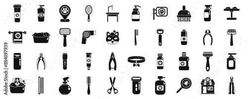 Pet grooming icons set. Pet grooming equipment is used for washing, brushing, and drying pets