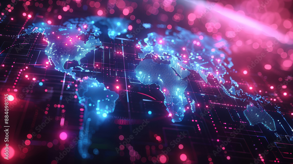 Futuristic world map with neon lights and digital grids, representing global technology, interconnectedness, and advanced communication. Futuristic world map with neon lights and digital grids, representing global technology, interconnectedness, and advanced communication.