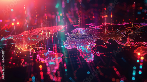 A vibrant, futuristic digital world map illuminated with neon colors, showcasing interconnected technology and global connectivity in a modern style.