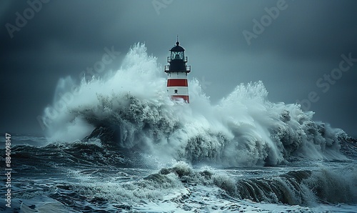 Fototapeta Naklejka Na Ścianę i Meble -  Storm waves crashed against the lighthouse on a cloudy day.
