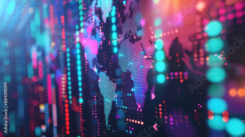 Abstract digital world map with vibrant lights, symbolizing global connectivity and technology. Ideal for illustrating concepts of data, internet, and IT.
