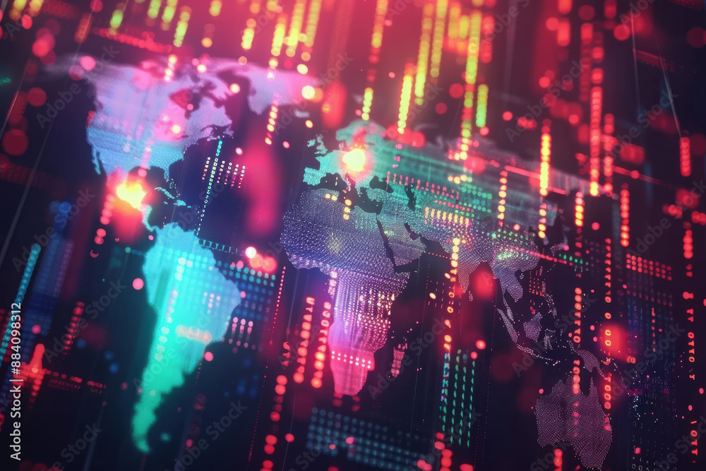 Fototapeta premium A digital world map with bright, colorful lights representing global data flow, technology, and international connectivity in a futuristic style.